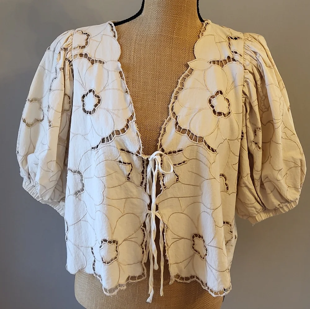 Free People Medium Cream/Ecru Lace Tie Front Blouse - Picture 5 of 10